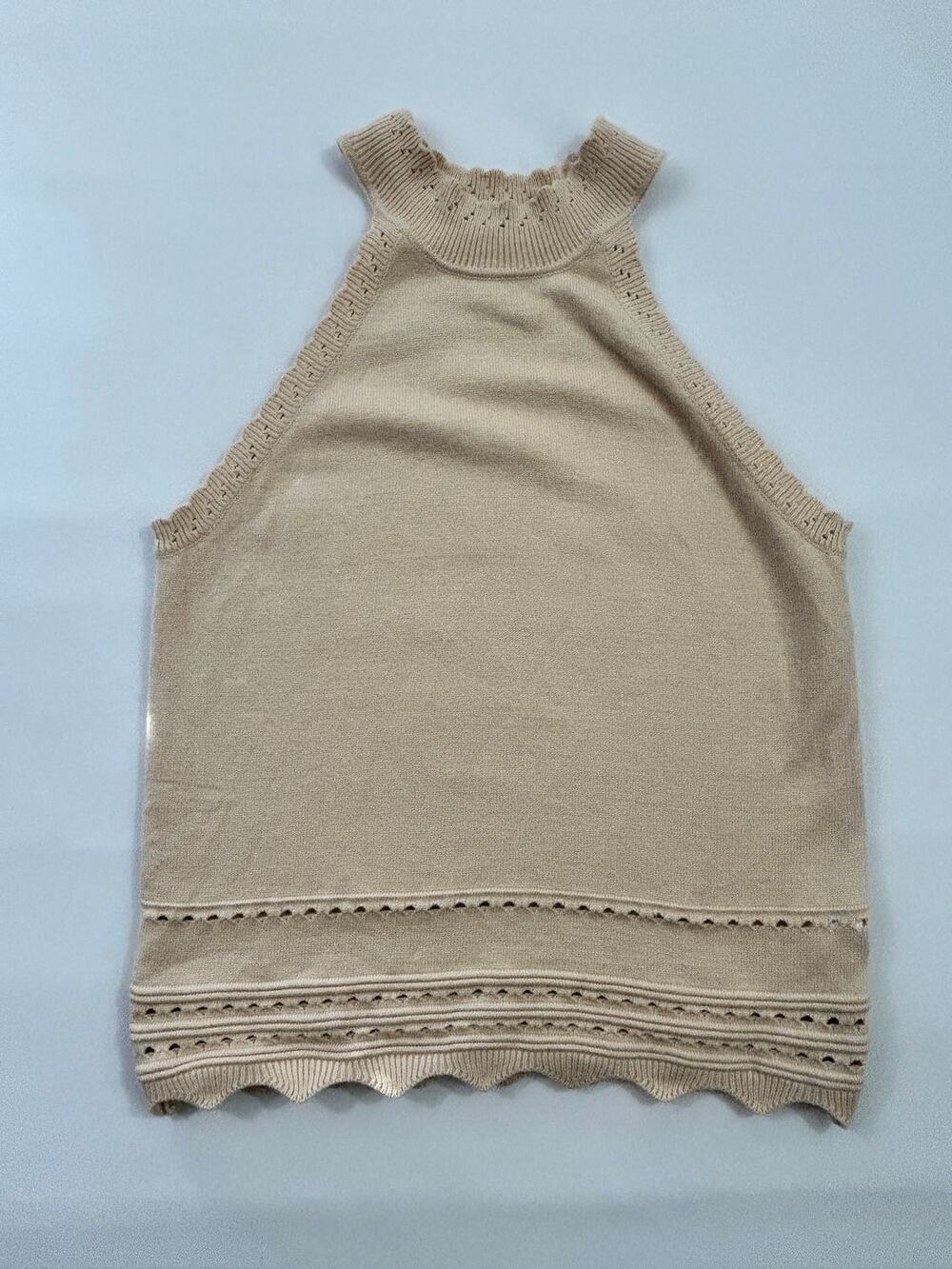 Women's Beige Knit Halter Top Sz Med- Mock Neck Scalloped Eyelet Hem Sleeveless